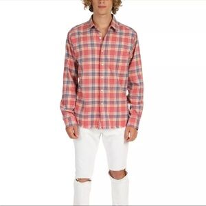FRAME Fray Hem Flannel Top in Light Red Check Men's Size Small Preppy Plaid Boho